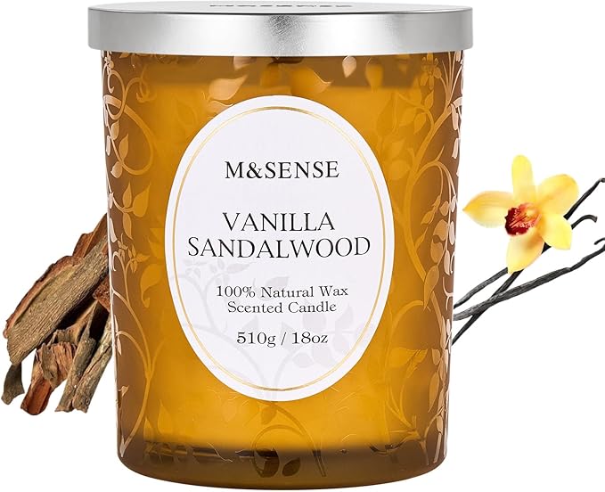 M&SENSE Vanilla Sandalwood Candle, Cracking Wooden Wick Soy Wax, 18oz 100 Hours Long Lasting Clean Burn, Large Jar Candles for Home Scented, Non-Toxic Relaxing Aromatherapy Gifts for Women