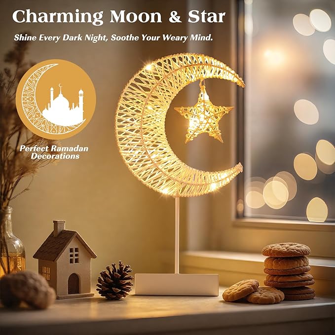 Lewondr Decorative Table Lamp, Christmas Moon Star Ramadan Desk Lamp Battery Powered Warm LED Crescent Light for Xmas Home Bedroom Bedside Desktop Nightstand Decoration, White