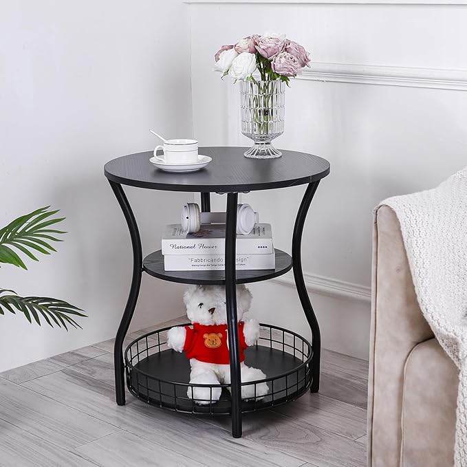 Round Side Table, 3-Tier Accent End Table with Storage Shelf, Corner Sofa Beside Table for Small Spaces,Nightstand with Metal Frame for Living Room, Bedroom (Black)