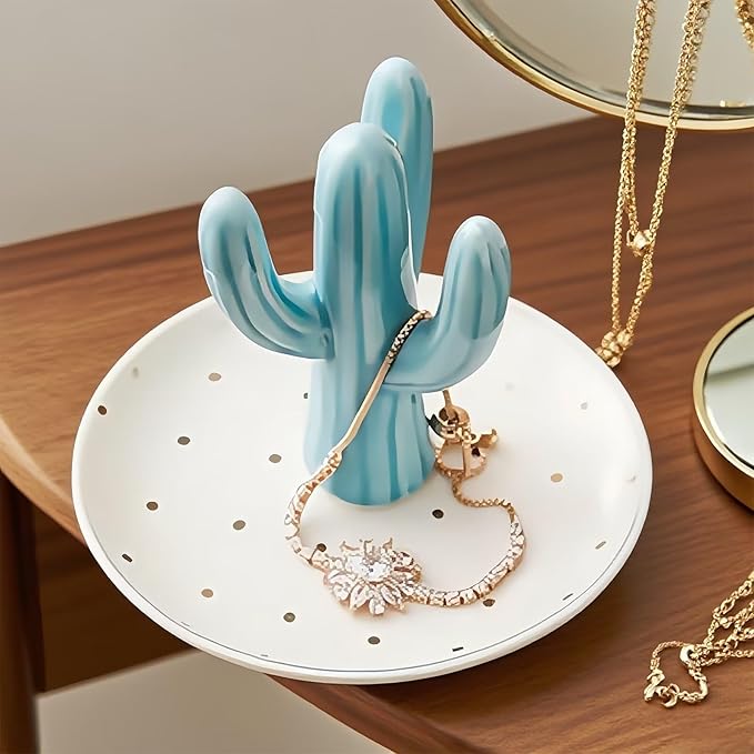 Cactus Ceramic Jewelry Tray, Ring Dish & Trinket Holder - Boho Room & Bathroom Decor for Women, Cute Desk Organizer - Gift for Her, Mom, Sister, Best Friend, Christmas, Birthday