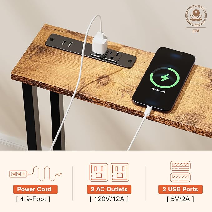 78" Narrow Console Sofa Table - 2 Power Outlets & 4 USB Ports, Metal Frame, Rustic Brown, Perfect for Hallway, Office, and Behind Sofa - Easy Assembly, 4.9' Extension Cord Included