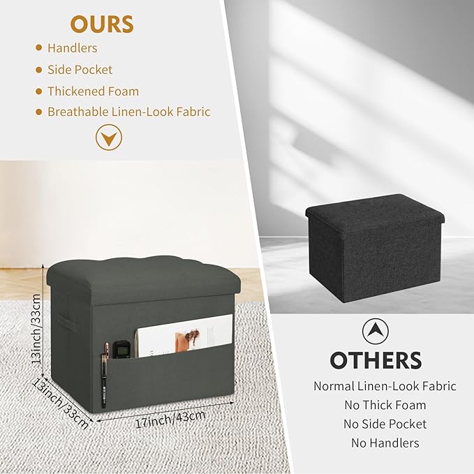 Small Ottoman with Storage, Foldable Ottoman Foot Rest Stool with Thicker Foam Padded Seat. Linen Storage Bench for Bedroom Living Room, Holds Up to 300 lbs, 17x13x13IN(Black Green)