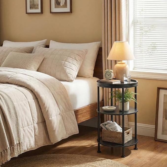 Small Round Side Table with Tray Top, 3-Tier Black End Table for Living Room & Bedroom, Modern Metal Nightstand with Storage Shelf, 11.8" Narrow Accent Table for Small Spaces, Balcony, Classic Black