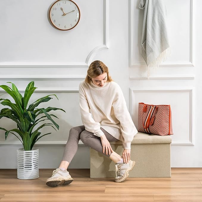 YOUDENOVA 30 inches Folding Storage Ottoman, Ottoman with Footrest Seat Support 350lbs, Storage Bench for Living Room Bedroom, Linen Fabric Beige