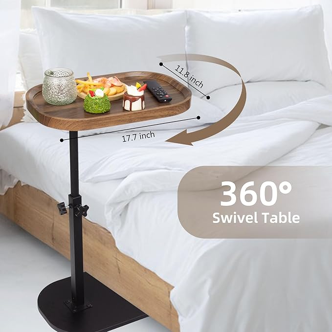 Aoligrace Nightstands Set of 2 Adjustable Height, 360°Swivel C Shaped End Table for Couch Sofa, Walnut Bed Side Table for Living Room Bedroom College Dorm