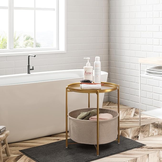 danpinera Round Side Table with Fabric Storage Basket, Pack of 2, Metal Side Table Small Bedside Nightstand with Removable Tray Top for Living Room, Bedroom, Nursery, Laundry, Gold