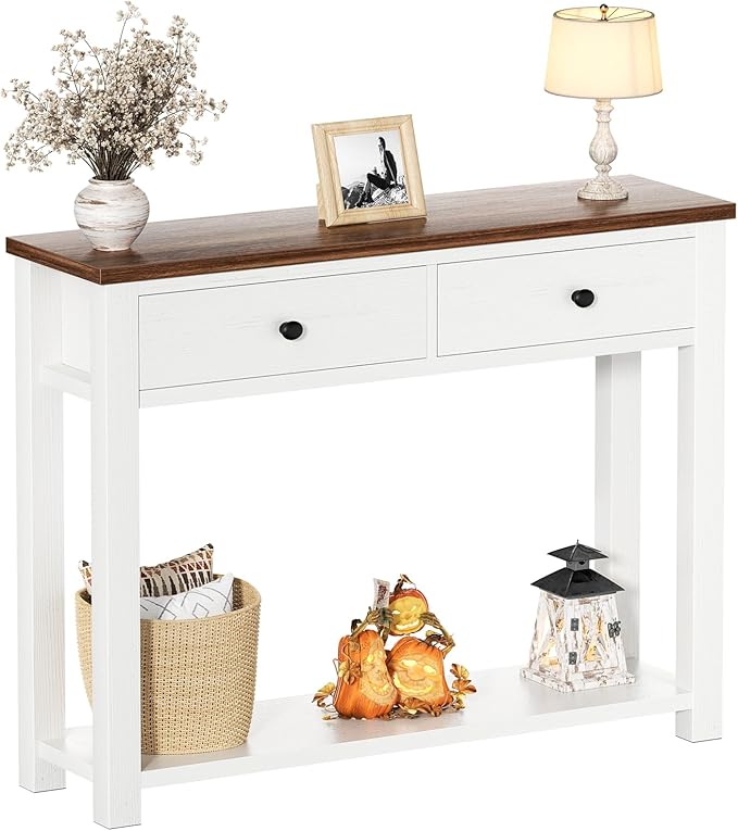 Homieasy Farmhouse Console Table with 2 Drawers, 32 Inch Small Sofa Table with Storage Shelf for Living Room, Behind Couch, Entryway Table for Hallway, Living Room, or Foyer, Rustic Brown and White