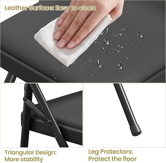 IDEALHOUSE 4 Pack Folding Chairs with PU Leather Padded Cushion, 350lbs Capacity, Lightweight Ergonomic Design, Metal Frame, Indoor Outdoor Portable Stackable Seats for Home Office Party Events，Black