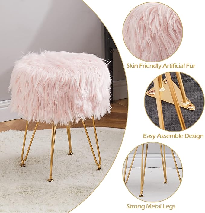 Mxfurhawa Faux Fur Storage Ottoman Round Furry Vanity Stool Marble Grain Tray Coffee Table Compact Footrest Stool with 4 Metal Legs Soft Makeup Seat Foot Stools for Living Room Bedroom Entryway Pink