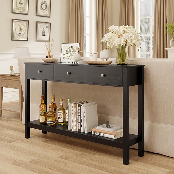 Gizoon 3 Drawer Wooden Sofa Table with Open Shelf, Modern Accent Console Table with Metal Round Handles, Large Storage Space, for Living Room, Front Hall, Entrance Hall, Study Room, Black