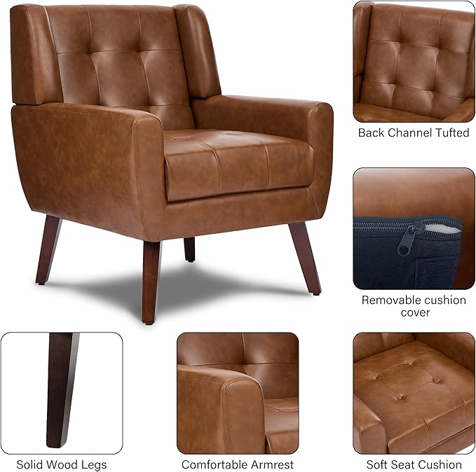 Pia Ricco 2 Pack Mid Century Modern Accent Chairs, Button Tufted Faux Leather Armchairs - Easy-Clean Matching Set for Living Room, Durable Sofa Chairs for Home Office & Lounge, Coffee