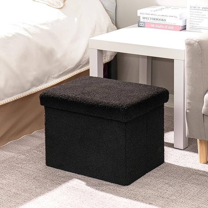 B FSOBEIIALEO Storage Ottoman Cube Small Sherpa Ottoman Foot Rest, Foldable Portable Boucle Ottomans, Faux Teddy Fur, Black 16.5"x12.6"x12.6"