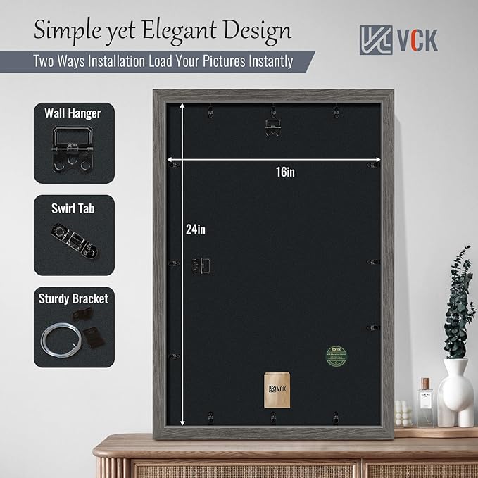VCK 16x24 Poster Frame 2 Pack - Grey, High-End Wood Picture Frames with Polished Plexiglass, Display 12x18 Photo with Mat or 16x24 without Mat, Art Gallery-Quality, Wall Hanging, Grey