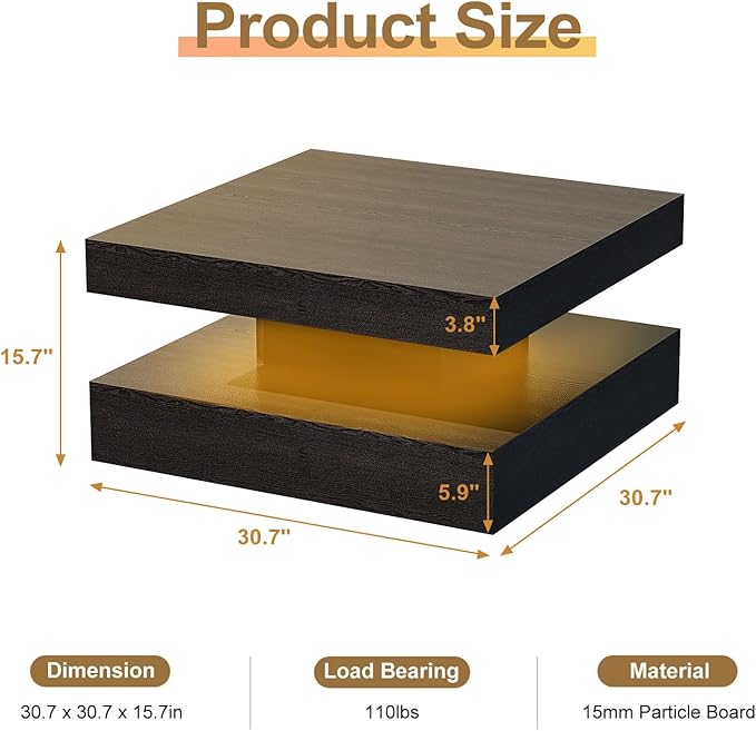 Black Led Coffee Table for Living Room, Square Living Room Table with Storage, Wooden Center Table Modern High Glossy Coffee Tables with 16 Colors LED Lights for Dining Room