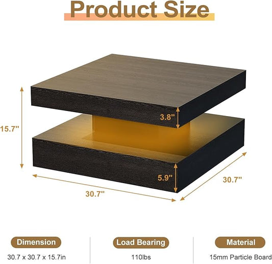 Black Led Coffee Table for Living Room, Square Living Room Table with Storage, Wooden Center Table Modern High Glossy Coffee Tables with 16 Colors LED Lights for Dining Room