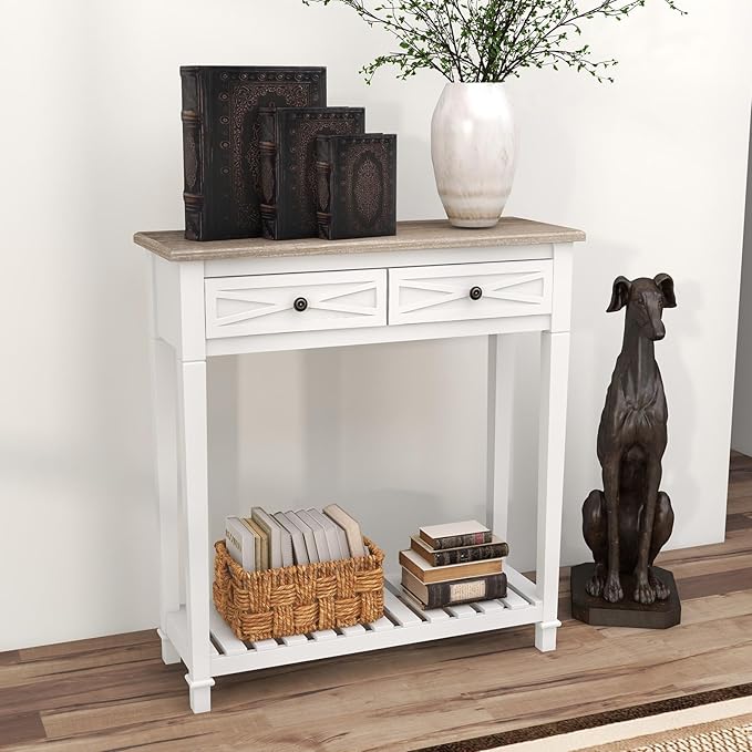 kinbor Entryway Table - White Console Table with 2 Drawers, Narrow Small Console Table with Storage Shelf for Entryway, Living Room, Hallway, White