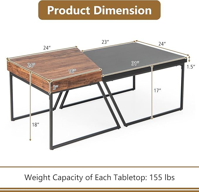 Giantex Stacking Coffee Table Set of 2, Black & Brown Modern Side Table with Powder Coated Metal Legs, Trapezoid Nesting Table for Living Room, Office, Bedroom, Black + Brown