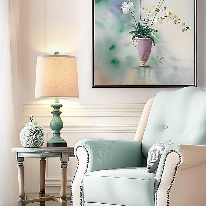 PARTPHONER Traditional Table Lamp Set of 2, Rustic Farmhouse Table Lamps for Living Room Bedroom, 22" Bedside Desk Lamps Vintage Nightstand Lamps with Linen Shades, Green