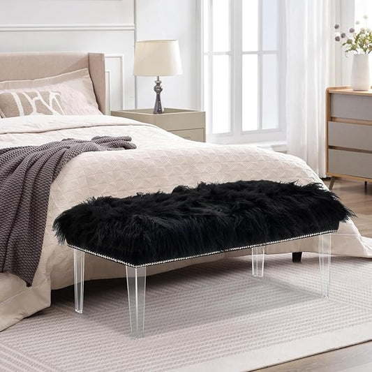 Modern Black Faux Fur Ottoman Bench - Upholstered Furry Bench with Acrylic Legs for Bedroom, Living Room, Entryway, Vanity or Bed End