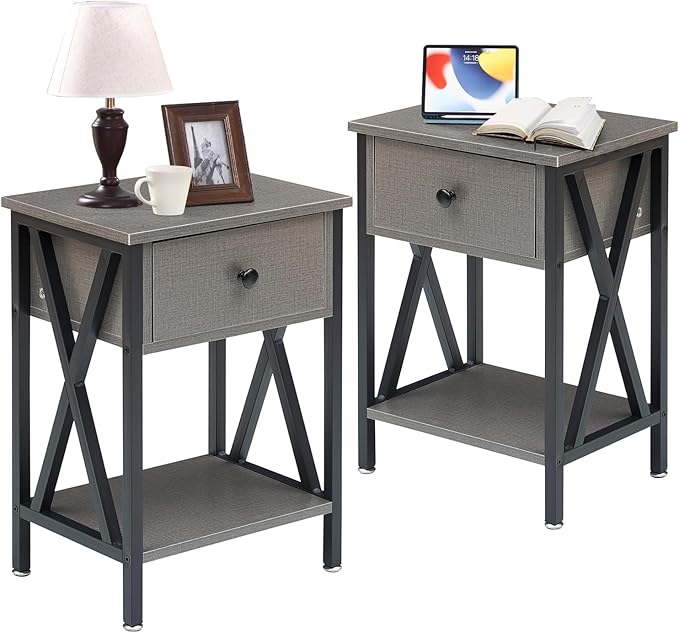VECELO Nightstands Set of 2, Modern Bedside End Tables, Night Stands with Drawer and Storage Shelf for Living Room Bedroom, Industrial Metal Frame