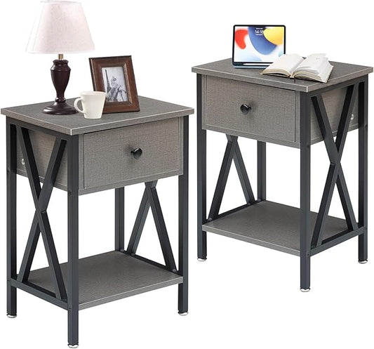 VECELO Nightstands Set of 2, Modern Bedside End Tables, Night Stands with Drawer and Storage Shelf for Living Room Bedroom, Industrial Metal Frame