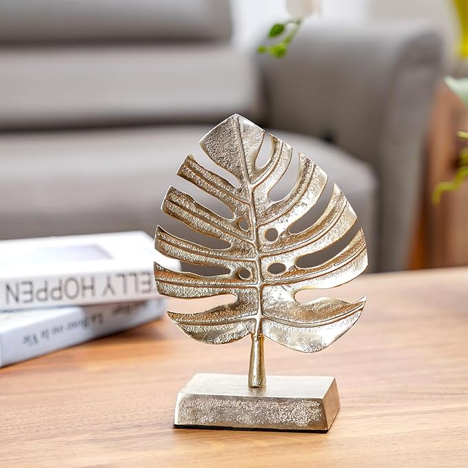 MyGift Brass Tone Metal Palm Leaf Modern Art Sculpture Decor, Monstera Plant Statue - Handcrafted in India