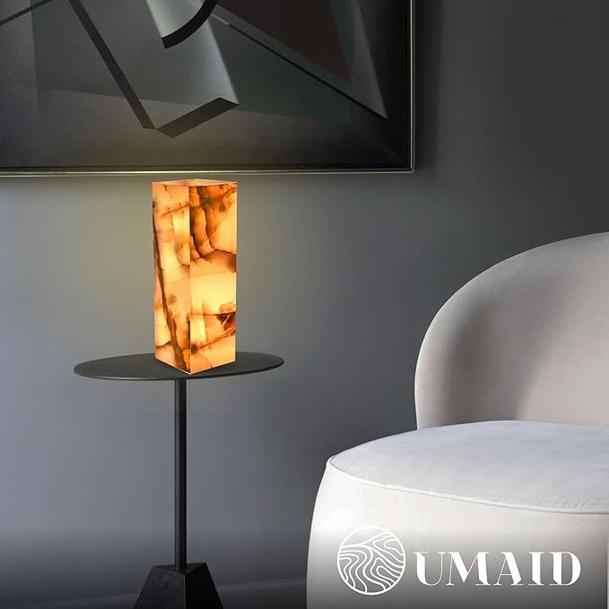 UMAID Handcrafted Onyx Marble Table Lamp, Each Lamp One-of-a-Kind with Natural Patterns, Warm Amber Glow, Dimmable Cord & Bulb, Modern Home Decor for Bedroom, Desk, Office, Living Room, or Bedside