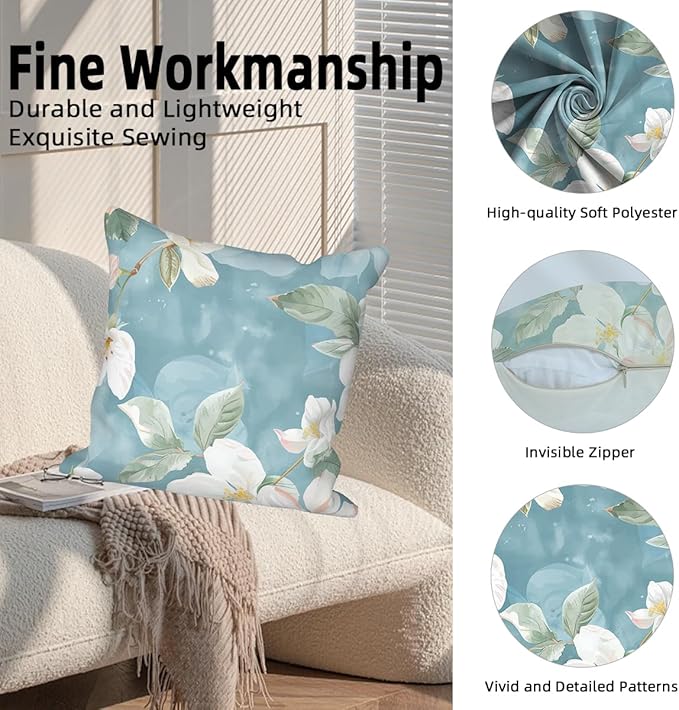 White Flowers Throw Pillow Covers 22"x22" Set of 4, Blooming Floral Couch Pillow Cases Spring Decorative Cushion Covers for Sofa Chair Bed Living Room Garden Farmhouse Car Indoor Outdoor