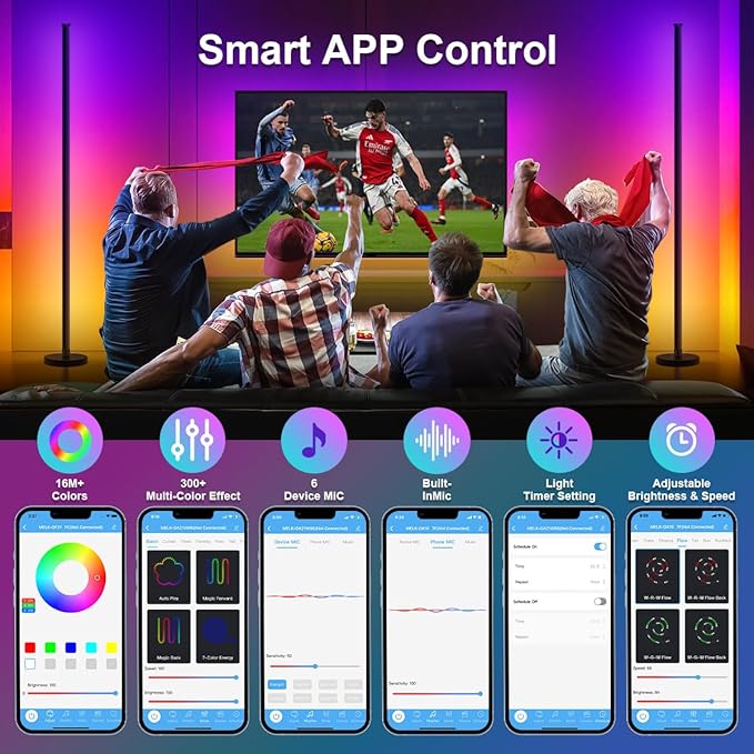 63″H RGB Floor Lamp, LED Corner Lamp,16 Million DIY Colors, 68+ Scenes, Music Sync, App & Remote Control (1 Pack)