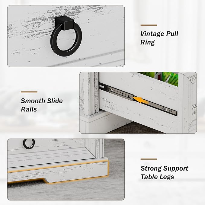 Farmhouse Coffee Table with Drawers 47 in Living Room Tables with Storage, Wooden Rustic Center Table for Reading Playing Room Home Accent Table for Dining Room Apartment, Antique White Walnut