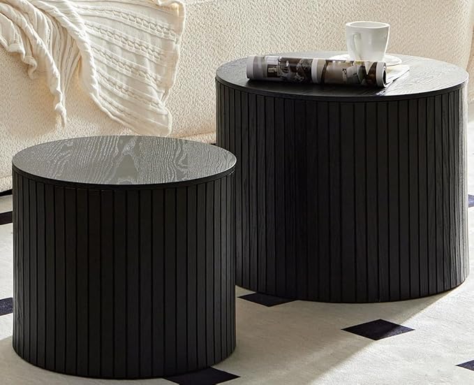 Round Coffee Table Set of 2 for Living Room, Wood Small Nesting Tables with Storage, Circle Side Table, Modern Accent End Table with Moveable Lid for Bedroom,Black