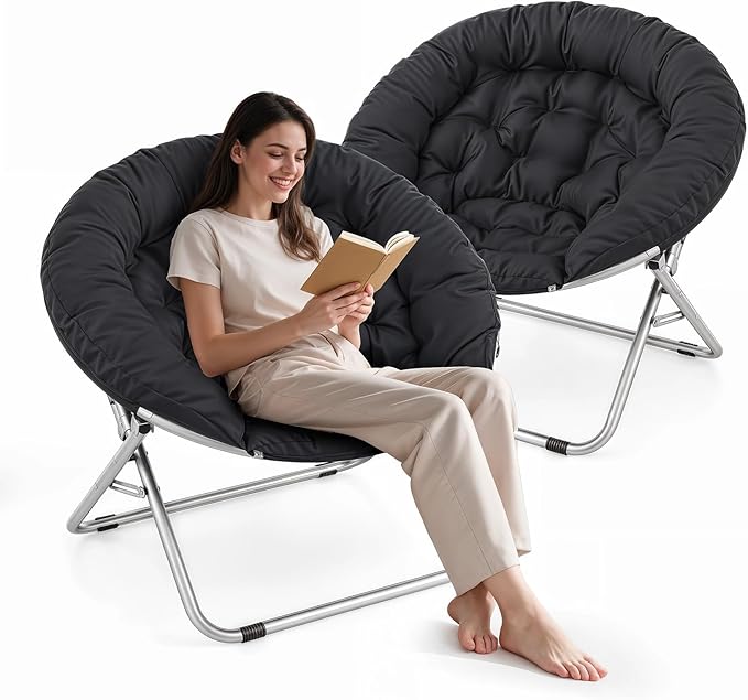 Athena Collection Comfy Saucer Chair, Folding Oversized Cozy Chair for Bedroom Living Room Fabric Reading Chair, Foldable Metal Frame Round Lazy Chair Moon Chair for Adult Set of 2, Black