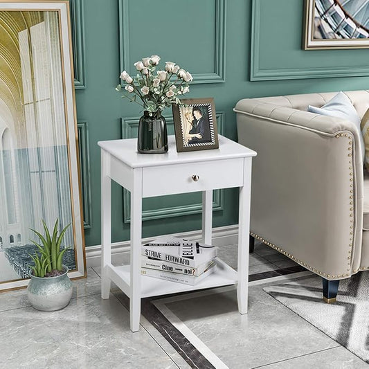 Giantex Nightstand Wooden 2-Tier Couch Sofa Side Table with Drawer, Storage Shelf, Solid Wood Legs,Mufti-Functional Home Furniture for Living Room Bedroom Study Room End Table (1, White)