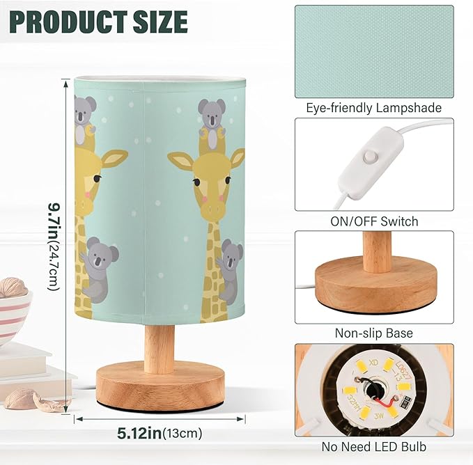 Table Lamp Cute Giraffe and Koala Bear Polka Dot Modern Design Nightstand Lamp with Wood Base Fabric Lamp Shade Bedside Desk Lamp for Living Room Bedroom Kids Room Office