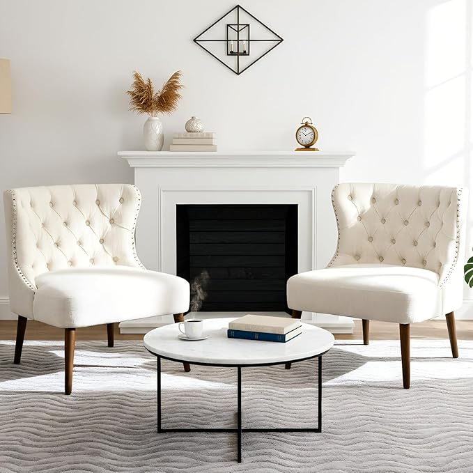 chairus Tufted Slipper Accent Chairs Set of 2, Linen Upholstered Armless Living Room Chairs with Nailhead Trim, Mid-Century Modern Wingback Side Chairs for Bedroom Office Reception, Beige