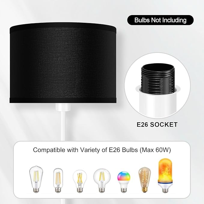 Floor Lamp White, Standing Lamp, 58" Tall Floor Lamp with Black Lampshade, Foot Pedal Switch, Modern Bright Floor Lamps for Living Room/Bedroom/Classroom/Kids Room, White Lamp for Girls' Gift(NO Bulb)