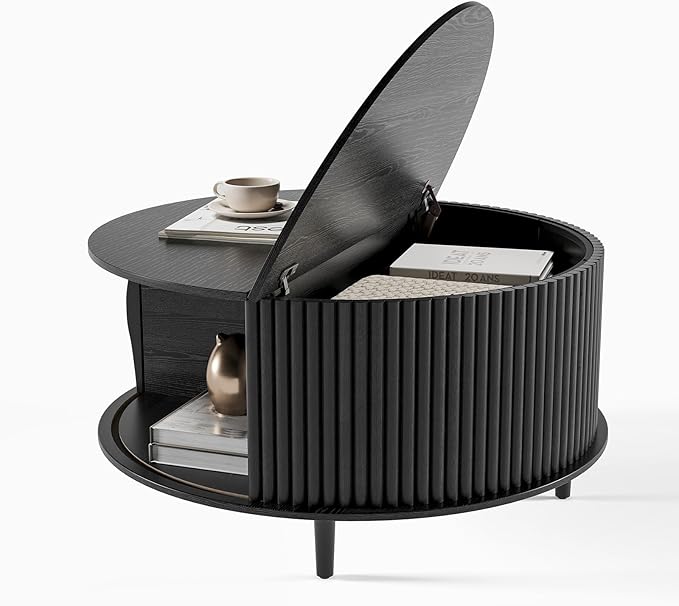 Round Coffee Table with Storage, Mid Century Modern Center Table with Sliding Cabinet Door, Fluted Dining Table for Living Room, Home Small Space, 31.5", Black