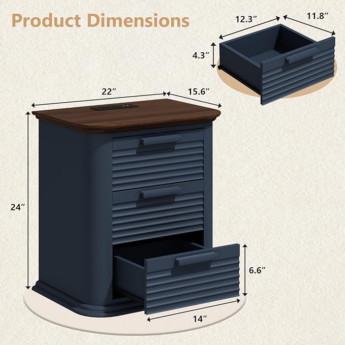 22'' Fluted Nightstand with Charging Station Set of 2, Modern End Table with 3 Drawers and Storage, Wood Side Table Dresser with Round Corner for Bedroom, Living Room, Curved Profile, Dark Navy Blue