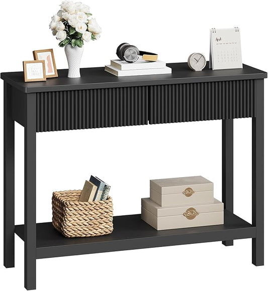 HOOBRO 39.3'' Console Table, Narrow Entryway Table with 2 Wavy Drawers, Sofa Table with 2 Tier Storage Shelf, Behind Couch Table, Display Stand, for Hallway, Entryway, Living Room, Black BK89XG01