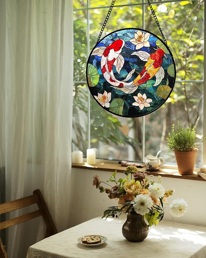 Stained Glass Window Hanging, Koi and Lotus Sun Catcher for Door Home Decor Fish Suncatcher Christmas Mother's Day Birthday Gifts for Women Men Mom and Nana 9.8 in