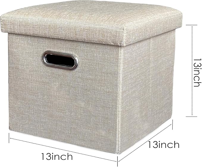 12 Inches Folding Ottoman with Storage Linen Fabric Foot Stool Storage Thick Sponge Padded Seat Ottoman for Bedroom Living Room (Grey)