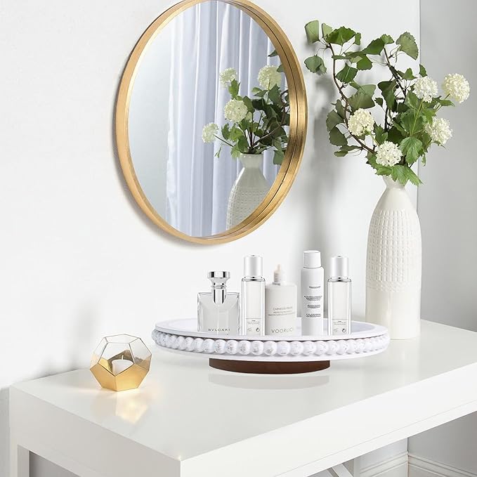 HPC Decor 12Inch Beaded Lazy Susan- Wooden Lazy Susan Organizer for Farmhouse Table Decor, Round Turntable for Table Cabinet,Countertop- Kitchen Turntable 360 Degrees Rotating Table Spinning Tray.