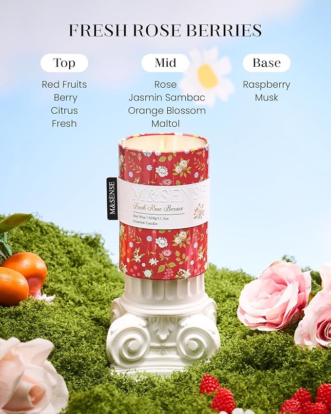 M&SENSE Fresh Rose Berries Scented Candle, Medium Jar Candle 11.3oz Natural Soy Wax for Home Scented, Floral Candles Gift for Spring Holiday, Up to 70 Hours Burning Long-Lasting Fragrance