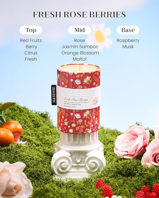 M&SENSE Fresh Rose Berries Scented Candle, Medium Jar Candle 11.3oz Natural Soy Wax for Home Scented, Floral Candles Gift for Spring Holiday, Up to 70 Hours Burning Long-Lasting Fragrance