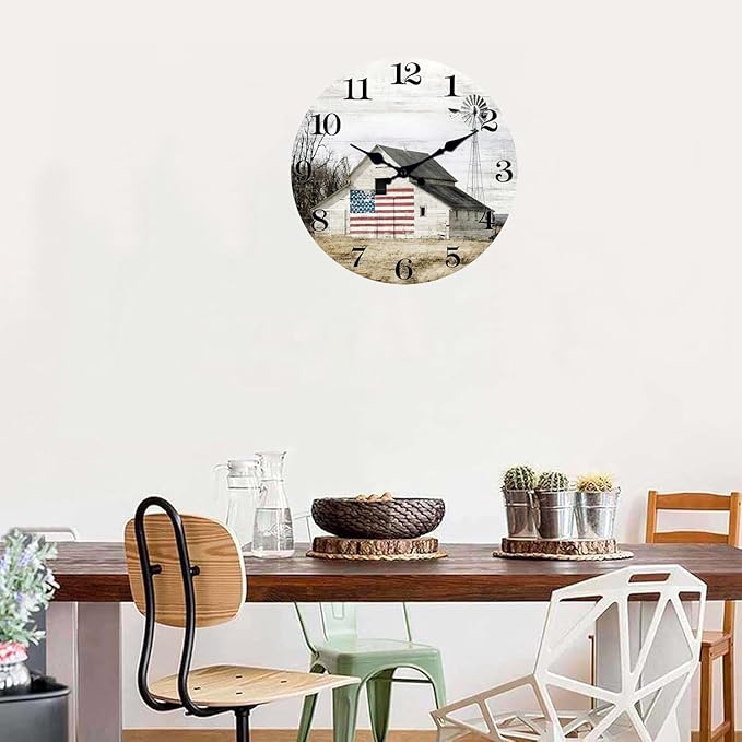 XFM Farmhouse Wall Clock 10 Inch Silent Non-Ticking Battery Operated Clock Rustic Barn Wooden Decorative Clocks for Kitchen Bedroom Office