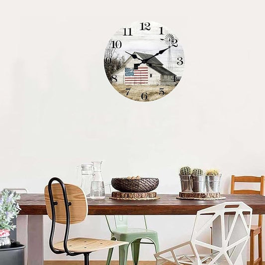 XFM Farmhouse Wall Clock 10 Inch Silent Non-Ticking Battery Operated Clock Rustic Barn Wooden Decorative Clocks for Kitchen Bedroom Office