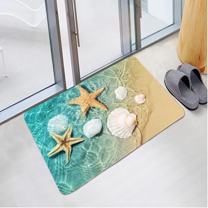 Bath Rugs Sponge Foam Absorbent Soft for Bathroom and Kitchen (21X35.5 inches), Flannel Mat Non Slip Bright 3D Print for Bedside and Living Room(Scallop Starfish)
