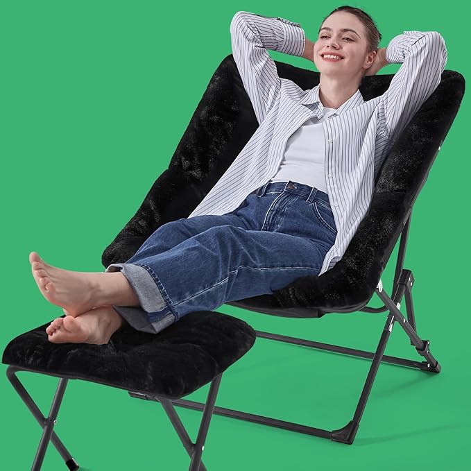 OAKHAM Comfy Chair for Adults, Soft Faux Fur Folding Lounge for Bedroom Living Room Dorm Rooms Flexible Reading Chair for Teens Kids, X-Large Foldable (Ottoman-Black)
