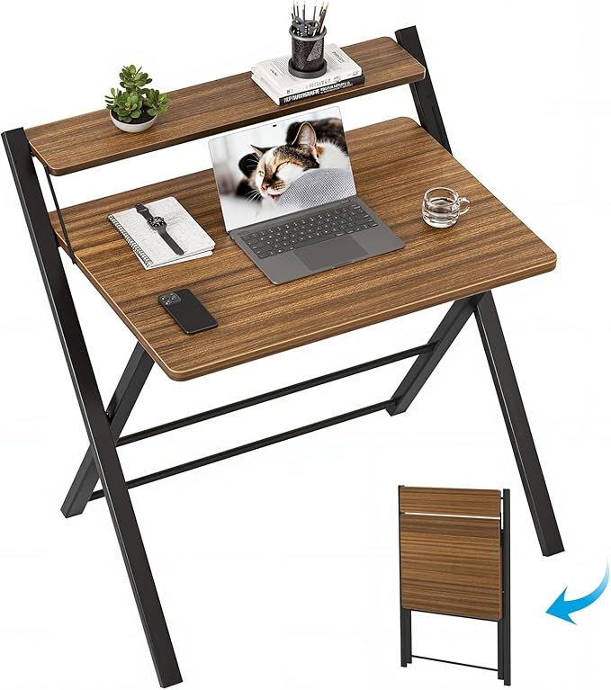 GreenForest No Assembly Folding Desk, 2-Tier Compact Computer Desk with Shelf, Space Saving Foldable Table for Home Office, Dorm or Apartment, Portable Collapsible Sturdy Laptop Desk, Espresso