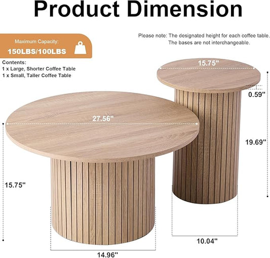Round Nesting Coffee Tables Set of 2 -φ27.6 Large Short + φ15.8 Small Tall Boho Circle Side Tables with Fluted Drum Design, Natural